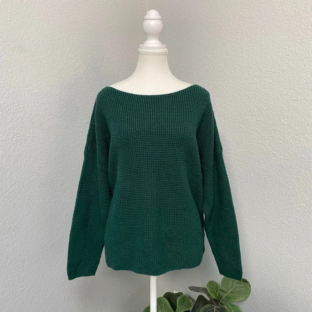 LORD & TAYLOR FOREST GREEN WAFFLE KNIT PULLOVER WOOL BLEND SWEATER DARK COTTAGE